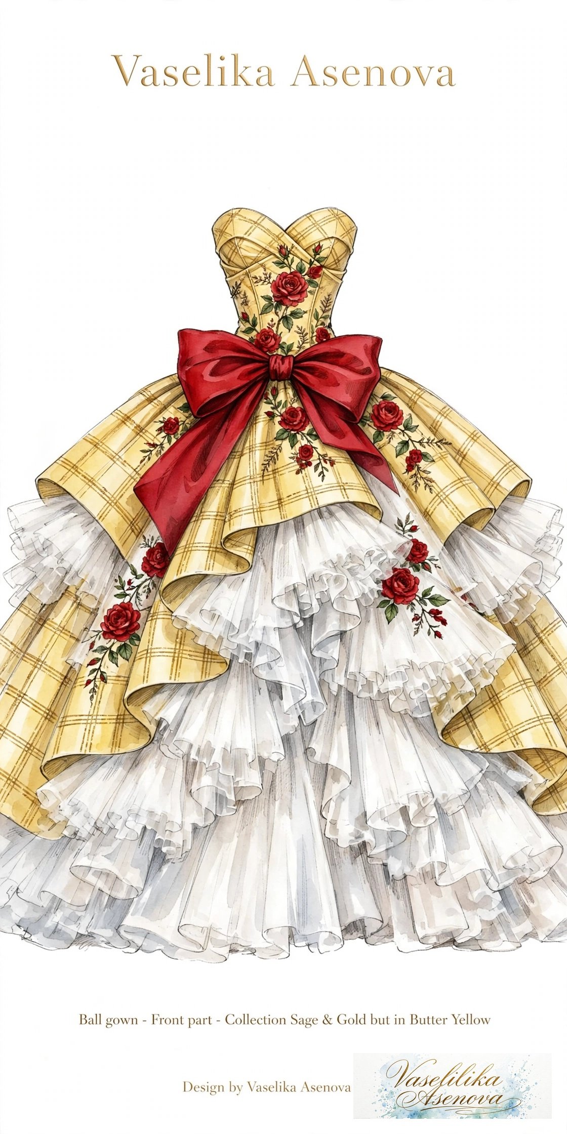 FLAGSHIP BALL GOWN - Butter Yellow Plaid Red Roses - Front Part - Collection Sage & Gold