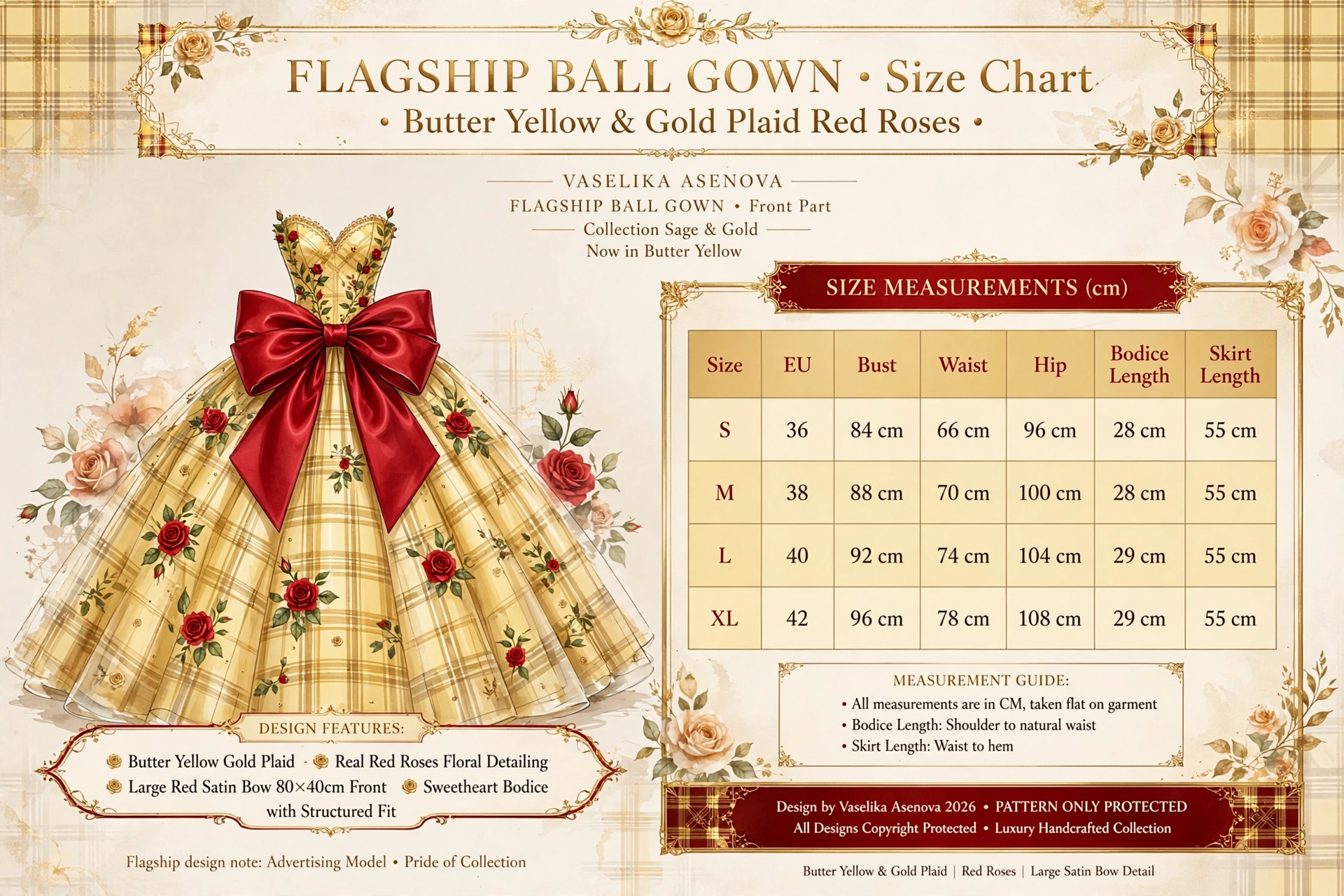 FLAGSHIP BALL GOWN - Butter Yellow Plaid Red Roses - Front Part - Collection Sage & Gold - Afbeelding 4