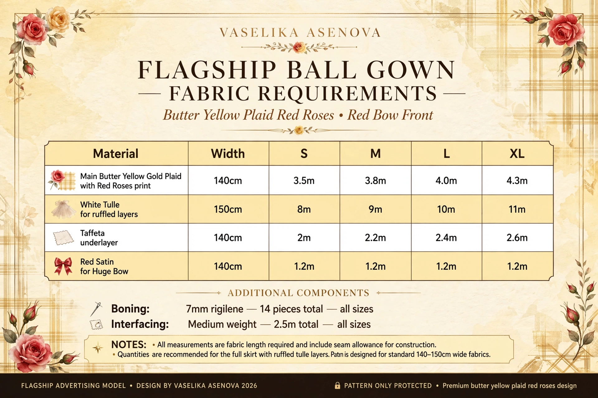 FLAGSHIP BALL GOWN - Butter Yellow Plaid Red Roses - Front Part - Collection Sage & Gold - Afbeelding 5