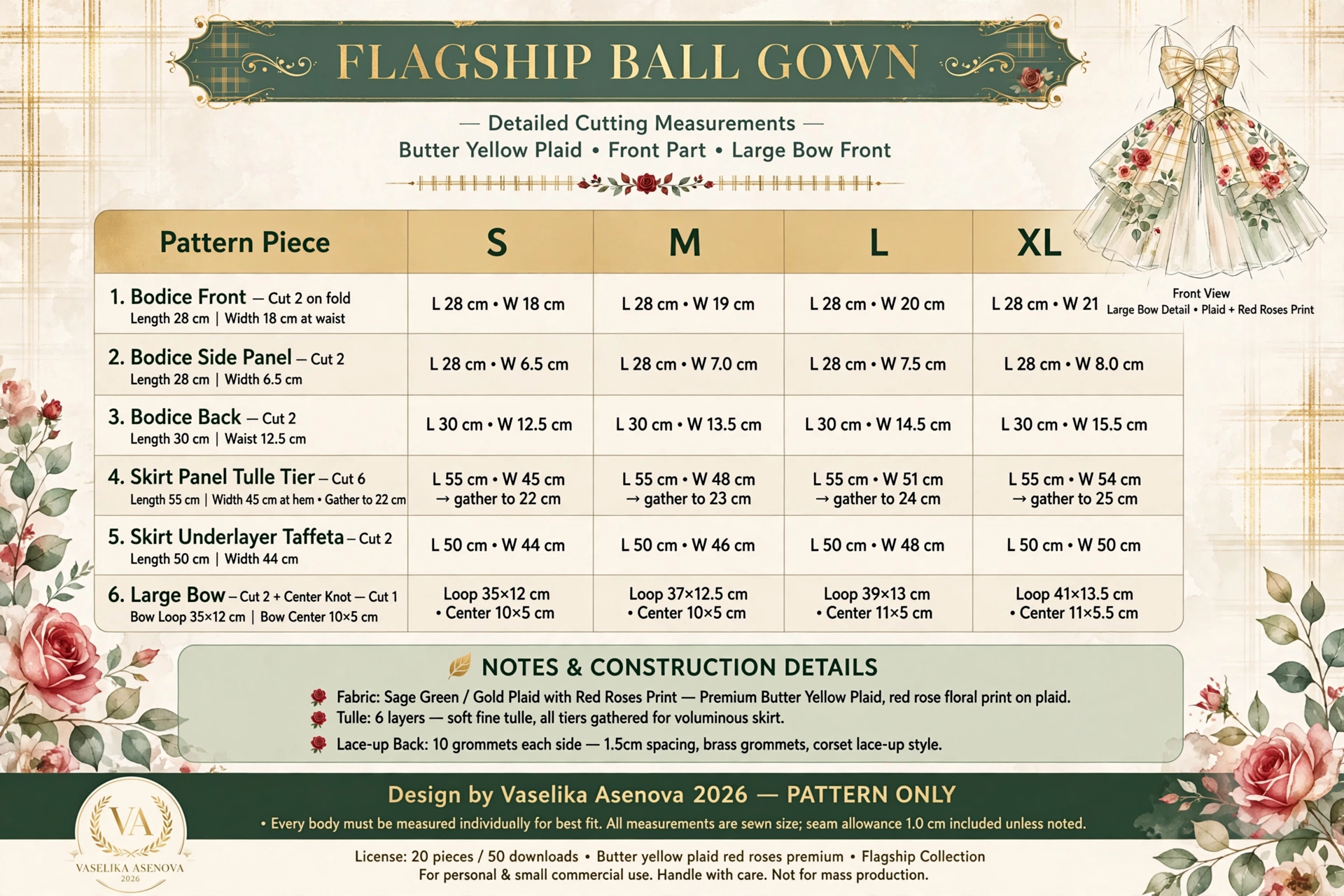FLAGSHIP BALL GOWN - Butter Yellow Plaid Red Roses - Front Part - Collection Sage & Gold - Afbeelding 6