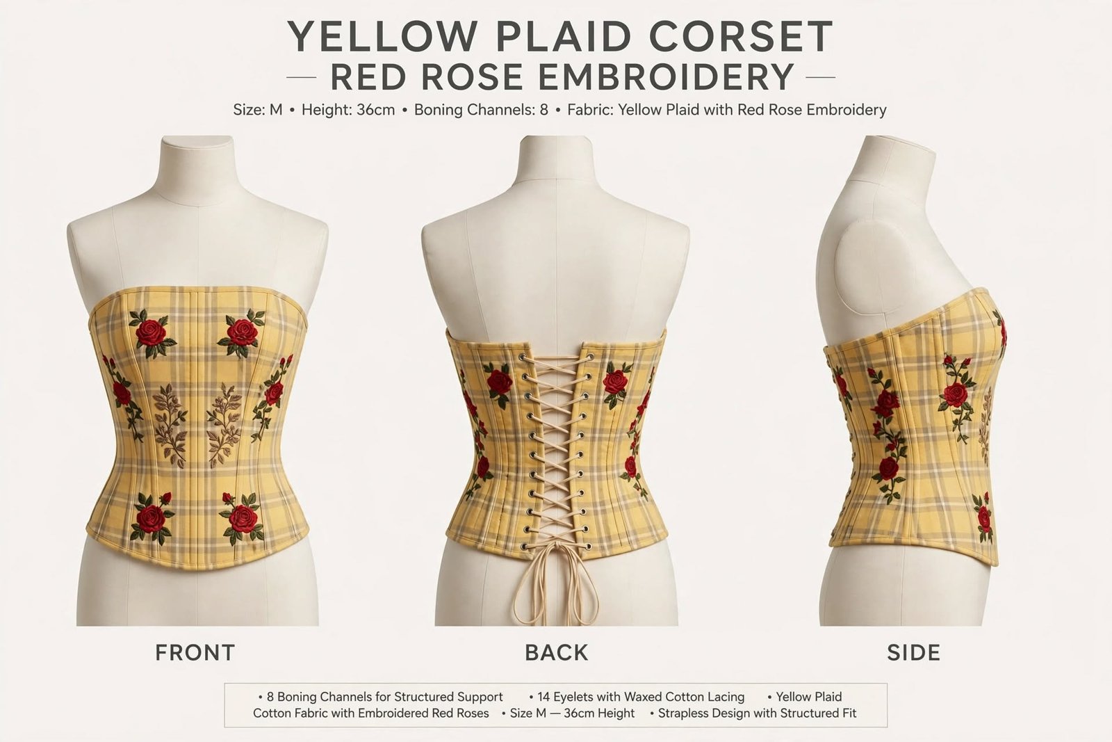 Yellow Plaid Rose Corset — 2 Closures in 1 Pattern - Afbeelding 2