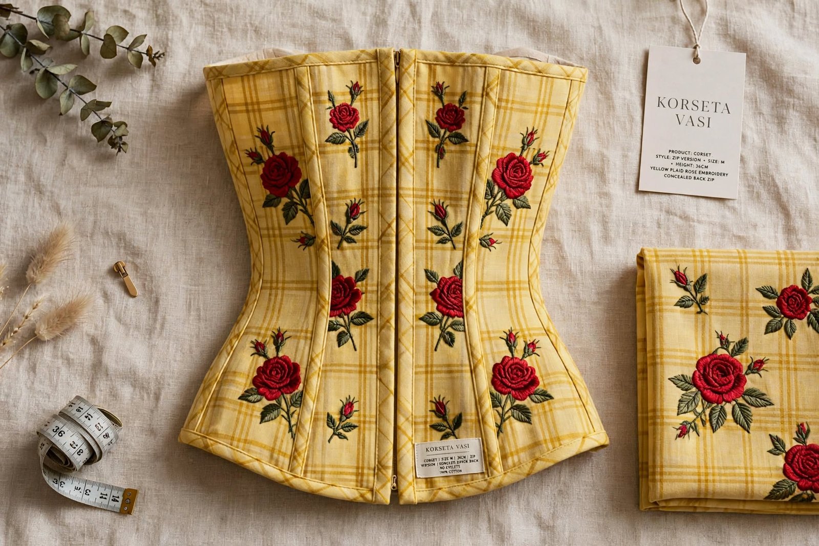 KORSETA VASI 01 - Yellow Plaid Corset PDF Pattern - M 36cm Sewing pattern for 36cm corset with little secrets. 5 panels, 8 boning, 2 back options: invisible zip 14cm OR lacing 14 eyelets. Rose embroidery placement included. Cream lining. Digital file - Instant Download - $25 50 downloads only